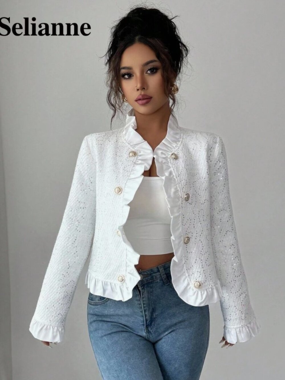 Selianne Women's Button & Sequence Ruffle Trim Jacket - Picture 3 of 5